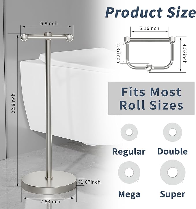 RARXTR Toilet Paper Holder Stand, Post Pivoting Design Free Standing Toilet Paper Holder, SUS304 Stainless Steel Toilet Paper Roll Holder, Heavy Stable Base (Brushed Nickel)