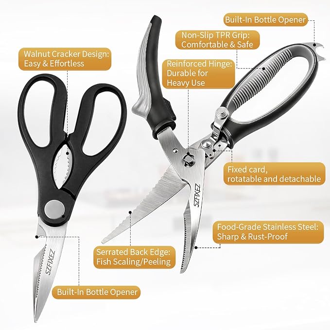 2-Piece Kitchen Scissors Set, Heavy Duty Detachable Food Grade Poultry Shears for Chicken Bones/Fish Scale & Lightweight Multipurpose Shears with Bottle Opener/Walnut Cracker/Vegetables/Meat