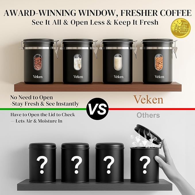 Veken Large Coffee Canister with Window, Kitchen Food Storage Airtight Stainless Steel Container for 2.2lbs Coffee Beans, Grounds, Rice,Tea, Flour, Cereal, Sugar Jars,Date Tracker and Scoop 39oz,Black - Image 4