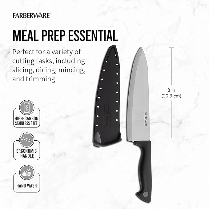 Farberware Edgekeeper 8-Inch Chef Knife with Self-Sharpening Blade Cover, High Carbon-Stainless Steel Kitchen Knife with Ergonomic Handle, Razor-Sharp Knife, Black - Image 3