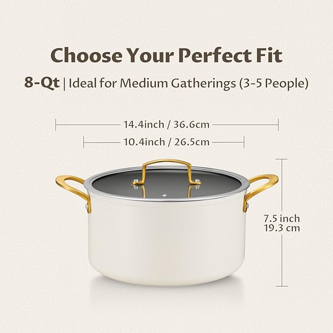 BEZIA 8 Quart Ceramic Stock Pot, Non Toxic Soup Pots with Lid, Non Stick Pot with Stainless Steel Handle, Compatible With Most Cooktops, Even Heat Distribution, Perfect for Soups & Stews, Cream - Image 2