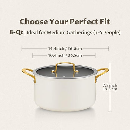 BEZIA 8 Quart Ceramic Stock Pot, Non Toxic Soup Pots with Lid, Non Stick Pot with Stainless Steel Handle, Compatible With Most Cooktops, Even Heat Distribution, Perfect for Soups & Stews, Cream - Image 2