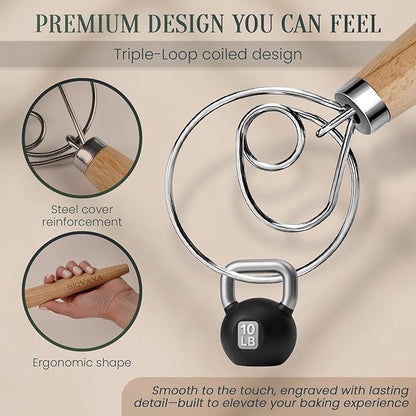 Danish Dough Whisk, Sourdough Bread Whisk with Wooden Handle, 13-Inch Stainless Steel Single Loop Dough Mixer for Bread Making, Pizza Dough, Batter and Pastry