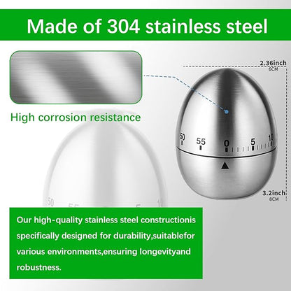 Stainless Steel Mechanical Kitchen Timer, Classic Egg Shape 60-Minute Manual Countdown, Professional Matte Silver Visual Timer for Hard Boiled Eggs, Baking & Professional Chef (Silver)