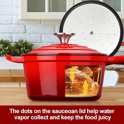 HaSteeL 1 QT Cast Iron Saucepan, Mini Enamel dutch oven with lid, Small Non Stick Pan for Milk, Pasta Tomato Sauce, Butter, Breakfast, Soup, Suitable for Boiling Stewing Frying, Easy to Clean, Red