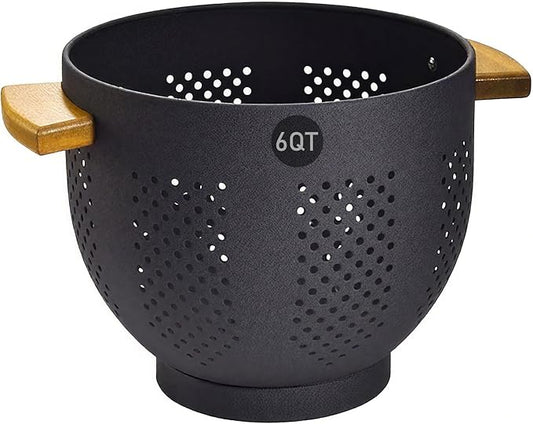 Colander for Kitchen - Strainers and Colanders - 6 Quart Large Metal Colander with Wood Handle - Food Strainer Basket for Draining Pasta, Vegetable & fruit, Kitchen Gadgets Matte Black