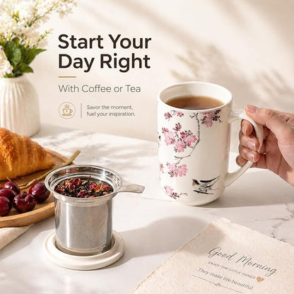 AmorArc Porcelain Tea Mug with Infuser and Lids, 18 Oz Coffee Cup Strainer with Bag Holder for Loose Leaf Tea, Steeping Coffee Mug for House-warming Wedding Birthday Gift