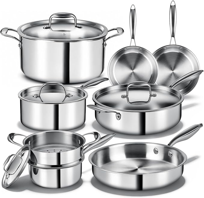 Triple Ply Stainless Steel Pots and Pans Set, EWFEN 12 Piece Induction Cookware Set, Oven Dishwasher Safe | Frying Pans, Saucepans, Saute Pan & Stock Pot, PFOA Free Kitchen Skillet by EWFEN