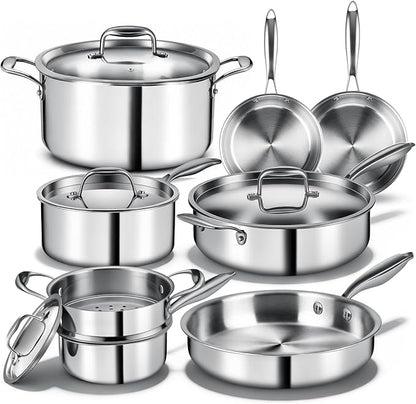 Triple Ply Stainless Steel Pots and Pans Set, EWFEN 12 Piece Induction Cookware Set, Oven Dishwasher Safe | Frying Pans, Saucepans, Saute Pan & Stock Pot, PFOA Free Kitchen Skillet by EWFEN