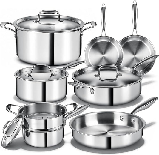 Triple Ply Stainless Steel Pots and Pans Set, EWFEN 12 Piece Induction Cookware Set, Oven Dishwasher Safe | Frying Pans, Saucepans, Saute Pan & Stock Pot, PFOA Free Kitchen Skillet by EWFEN