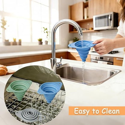 Kitchen Funnel Set 3 Pack, Collapsible Silicone Funnel for Kitchen Use, Small Funnels for Filling Bottle, Transfer Liquid, Oil and Powder, Food Grade Silicone Filter with a Brush - Image 7