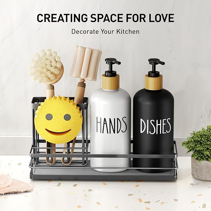 Moforoco Kitchen Dish Soap Dispenser Set, 16OZ Glass Bottle, Hand and Dish Soap Dispenser Set, Instant Dry Tray, Brush Holder with Smiley Face Sponge Holder (Black Tray+Black&White Bottle) - Image 4