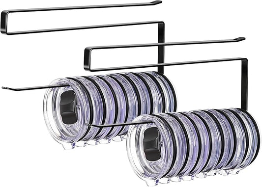 2 Pack Tumbler Lid Organizer, Horizontal Tumbler Lid Storage Hook to Hold Up 20 Lids, Space Saving Cup Lid Holders Under Cabinet Tumbler Lid Hook for Kitchen Organizer, Paper Towel Rack Hanger (Black) by JOLENSOY