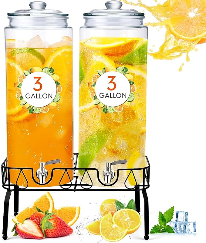 Honeydak 2 Pack 3 Gallon Glass Beverage Dispenser with Stand and Spigot Leakproof Glass Drink Beverage Storage for Valentine's Day Parties Mason Jar Dispenser with Lids