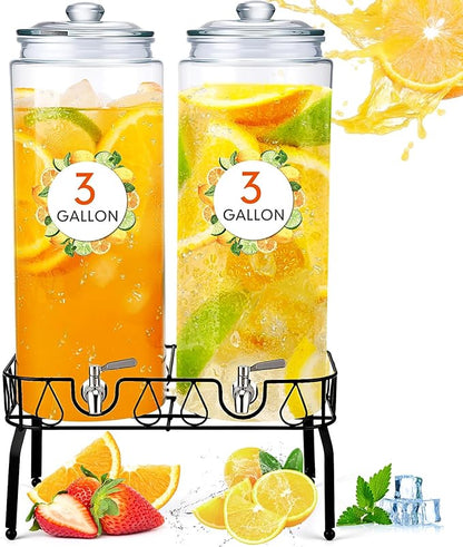 Honeydak 2 Pack 3 Gallon Glass Beverage Dispenser with Stand and Spigot Leakproof Glass Drink Beverage Storage for Valentine's Day Parties Mason Jar Dispenser with Lids