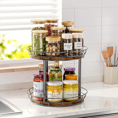 LAMU 12'' Lazy Susan Turntable Organizer, 2 Tier Round Rotating Spice Rack Organization for Kitchen Cabinet and Countertop, Wooden Lazy Susan for Table Top, Pantry, Bathroom, Vanity, Home Decor - Image 2