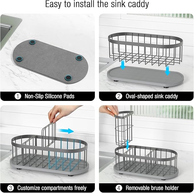 Sponge Holder for Kitchen Sink with High Brush Holder, [Stay-Dry Anywhere & No Drainage Needed] Rustproof Stainless Steel Kitchen Sink Caddy Organizer with Water Absorbing Stone Tray, Grey - Image 4