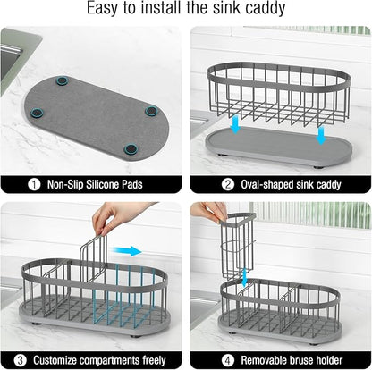 Sponge Holder for Kitchen Sink with High Brush Holder, [Stay-Dry Anywhere & No Drainage Needed] Rustproof Stainless Steel Kitchen Sink Caddy Organizer with Water Absorbing Stone Tray, Grey - Image 4