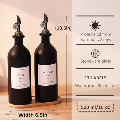 HOMCDALY Olive Oil Dispenser for Kitchen, 16oz Glass Oil Bottles with Bamboo Tray, Black Oil&Vinegar Cruet Set, Kitchen Dispenser Bottles with Pourer | Set of 2 (16oz – Black) - Image 4