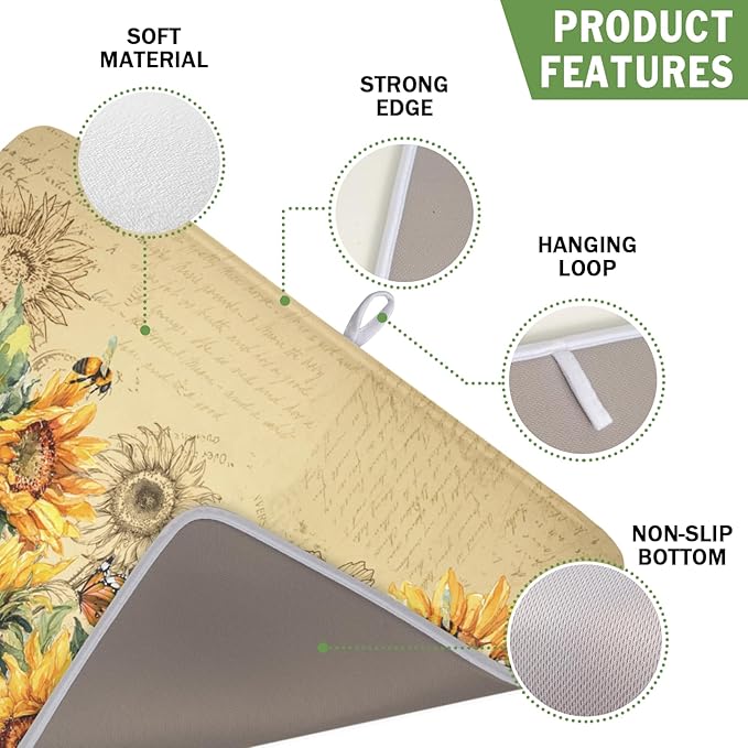 Sunflower Dish Drying Mat for Kitchen Counter Vintage Yellow Sunflowers Microfiber Dish Drainer Mat Spring Summer Watercolor Floral Absorbent Washable Drying Pad Extra Large 16"x18"