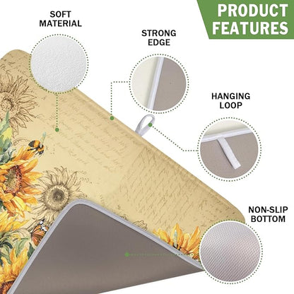 Sunflower Dish Drying Mat for Kitchen Counter Vintage Yellow Sunflowers Microfiber Dish Drainer Mat Spring Summer Watercolor Floral Absorbent Washable Drying Pad Extra Large 16"x18"