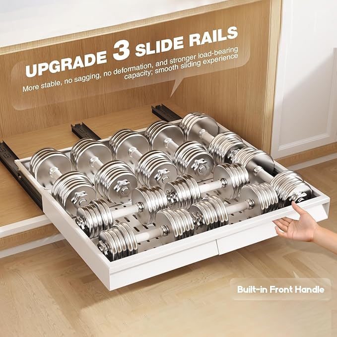 Seinloes 2 Pack Pull Out Cabinet Organizer With Raising Pad for Framed Cabinets,Expandable Width (15"-25") and Depth (17"-24"),3 Slide Rails Slide Out Drawers with Handle,No-Drill Roll Out Shelf,White - Image 6