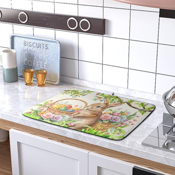 Happy Easter Bunny Kitchen Dish Drying Mat for Dishes 18x24 Inch Spring Colorful Floral Flower Basket Drying Mats Easter Eggs Dish Drainer Mat Super Absorbent Dish Rack Pad for Coffee Bar Sinks - Image 5