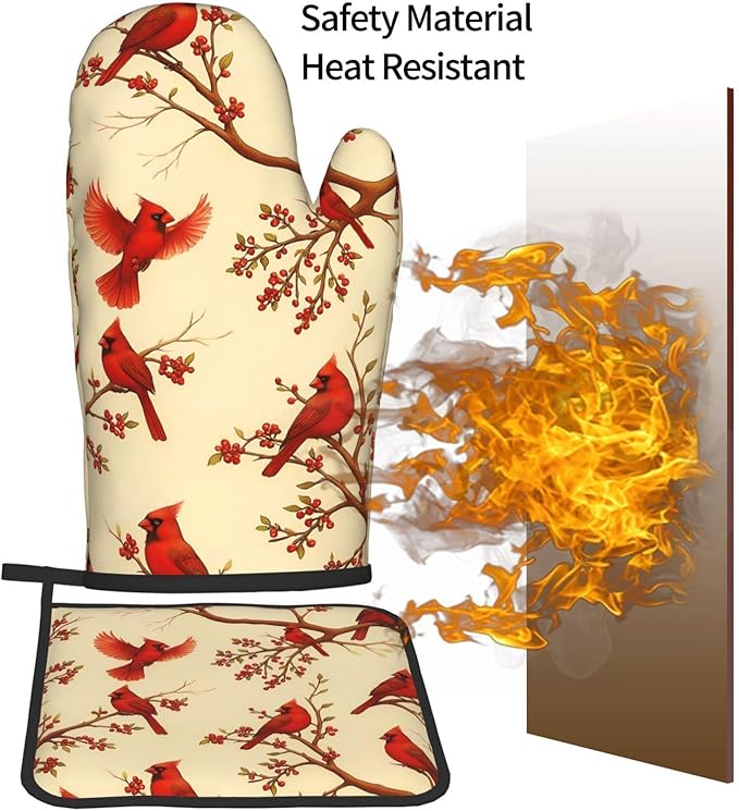 Red Cardinal Oven Mitts and Pot Holders Sets of 3, Non-Slip Christmas Heat Resistant Kitchen Gloves Hot Pad, Cardinal Gifts for Women, Rustic Christmas Kitchen Decor, Baking Cooking Grilling Gifts - Image 7