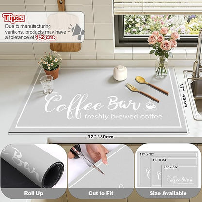 Findosom Dish Drying Mat, 17"x 32" Super Absorbent & Hide Stain Coffee Mat, Cuttable Drying Mat for Kitchen Counter, Coffee Bar Accessories, Under Dish Rack, Coffee Maker, Espresso Machine, LightGrey - Image 2