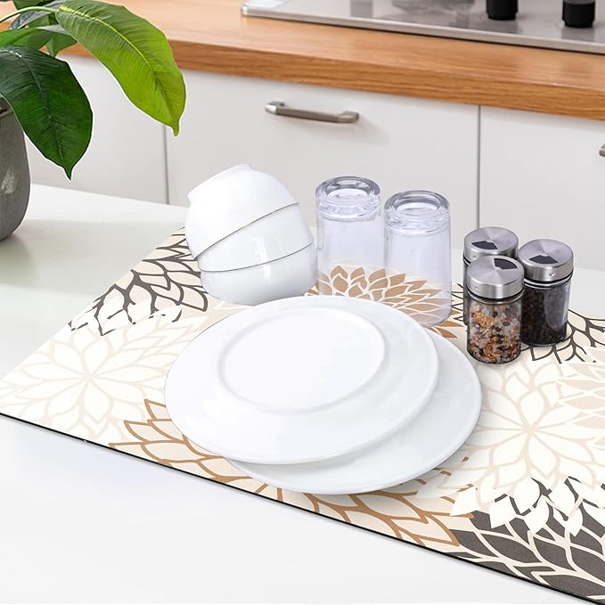 Findosom 2PCS 12" x 20" Dish Drying Mat & 24" x 5.5" Sink Splash Guard, Super Absorbent & Cuttable Dish Mat Drying Kitchen Mat with Brown Floral, Hide Stain Drying Mat for Kitchen Counter - Image 9