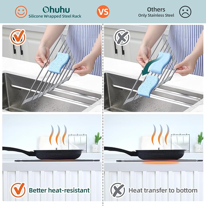 Ohuhu Triangle Roll Up Dish Drying Rack, Anti-Slip Organizer for Kitchen Sink Drying Rack with Full Silicone Wrapped for Top of Sink Coner Grey - Image 8