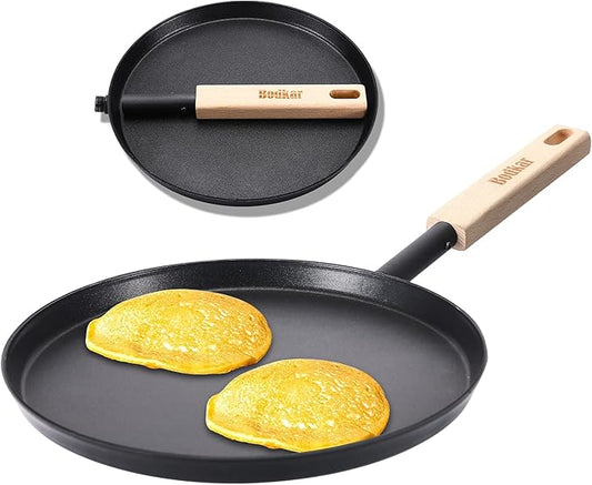 bodkar 8-inch Frying Pan Skillet Flat Crepe Pan, Lightweight Grill Pan with Wooden Handle for Camping Indoor Outdoor Cooking