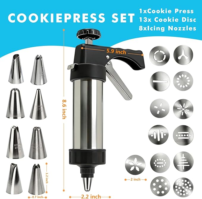 Stainless Steel Cookies Press,Cookie Press Gun Kit with 13 Cookie Discs and 8 Piping Tips for DIY Various Cookies Maker - Image 6