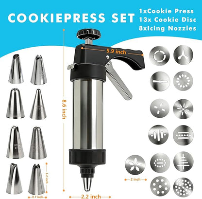 Stainless Steel Cookies Press,Cookie Press Gun Kit with 13 Cookie Discs and 8 Piping Tips for DIY Various Cookies Maker - Image 6