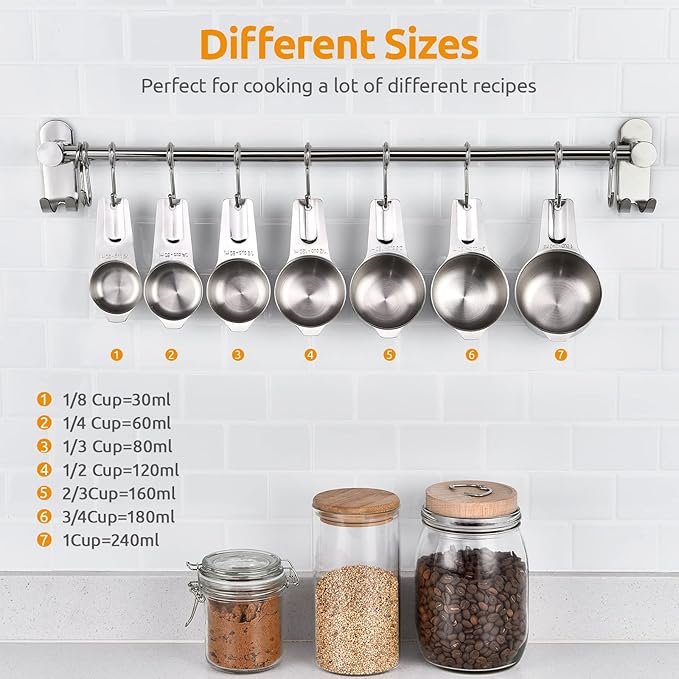 Measuring Cups: U-Taste 18/8 Stainless Steel Measuring Cups Set of 7-Piece: 1/8 Cup, 1/4 Cup, 1/3 Cup, 1/2 Cup, 2/3 Cup, 3/4 Cup, 1 Cup Dry and Liquid Ingredients - Image 2