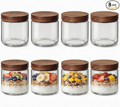 10oz 8 Pack Overnight Oats Containers with Lids, Glass Mason Jars with Acacia Wood Airtight Lids, Wide Mouth Meal Prep Storage Jars for Yogurt, Chia Pudding, Salad, Parfait, Snacks, Spice