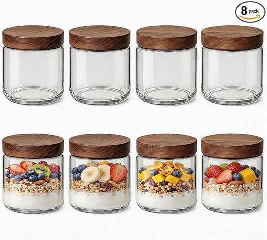 10oz 8 Pack Overnight Oats Containers with Lids, Glass Mason Jars with Acacia Wood Airtight Lids, Wide Mouth Meal Prep Storage Jars for Yogurt, Chia Pudding, Salad, Parfait, Snacks, Spice