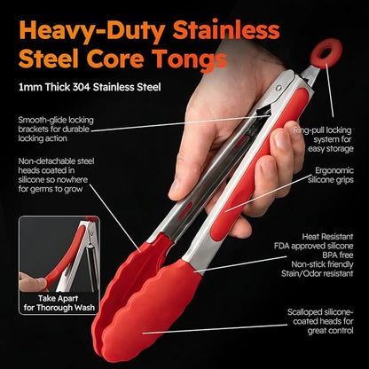 HST 3 Pack Kitchen Tongs, Non Stick Stainless Steel 9 Inch Tongs With Silicone Tip for Cooking BBQ Baking(Red) - Image 2