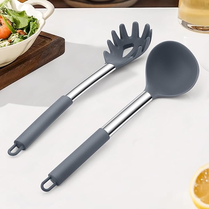 TeamFar Silicone Kitchen Utensils, 2 Pcs Large Nonstick Soup Ladle and Pasta Fork for Cooking Mixing Serving Soup, Sauce, Spaghetti, Eggs, Non-Toxic & Heat-Proof, Dishwasher Safe, Light Grey - Image 7