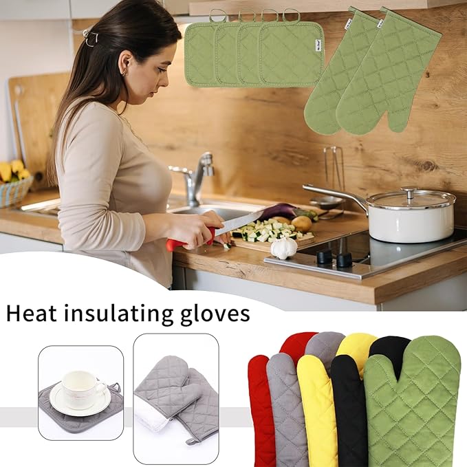 Oven Mitts and Pot Holders Sets,6 Pcs Oven Mitts and Potholders with Recycled Cotton High Heat Resistant Extra Thick Long Oven Mitts for Cooking(Green) - Image 4