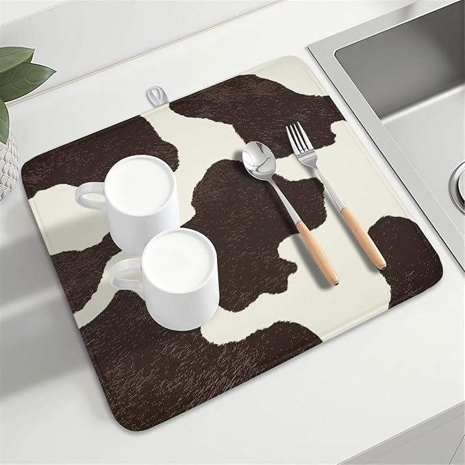 Milk Cow Drying Mat 18x16 Inch, Brown White Cowhide Drying Mat with Absorbent Reversible Microfiber, Cattle Fur Farmhouse Dish Drainer Mats Summer Rack Pad for Coffee Countertop Kitchen Protector