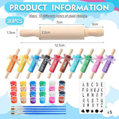 DoubleFill 30 Pack Mini Rolling Pin for Crafts, Small Wooden Dough Rollers with Plaid Ribbon Paint Brush Template Cards for New Year, Spring Party Presents, Tray Decorative, Kitchen Baking(5 Inches)