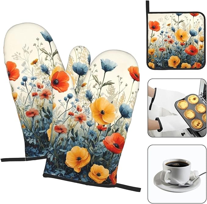Colorful Wildflower Oven Mitts and Pot Holders Set of 3,Heat Resistant Non Slip Blue and Orange Floral Kitchen Gloves Hot Pads for BBQ Grilling,Chef Cooking Baking Gifts for Women Bakers