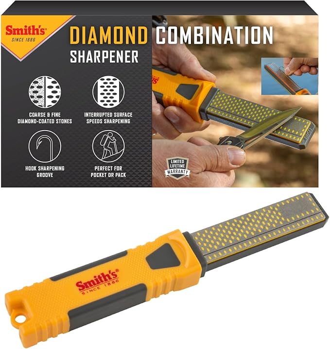 Smith's DCS4 4” Diamond Combination Sharpener - Double Sided Stone - Outdoor Field Knife Sharpener - Fish Hook & Pointed Tools Micro Sharpener - Lightweight, Compact, Handheld by SmithsConsumerProductsInc