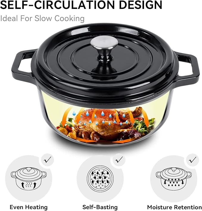 Miereirl 6.5 Quart Enameled Dutch Oven Pot with Lid, Cast Iron Dutch Oven with Dual Handles for Bread Baking, Cooking, Non-stick Enamel Coated Cookware (Black) - Image 4