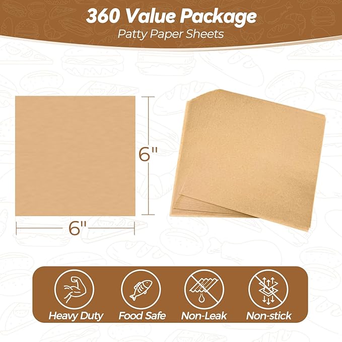 360 Count 6"x 6" Heavy Duty Patty Paper Sheets for Separating Patty, No-Stick & No-Leak Unbleached Parchment Paper Squares, Pre-cut Burger Patty Paper for Oven, Air Fryer, Microwave - Image 2