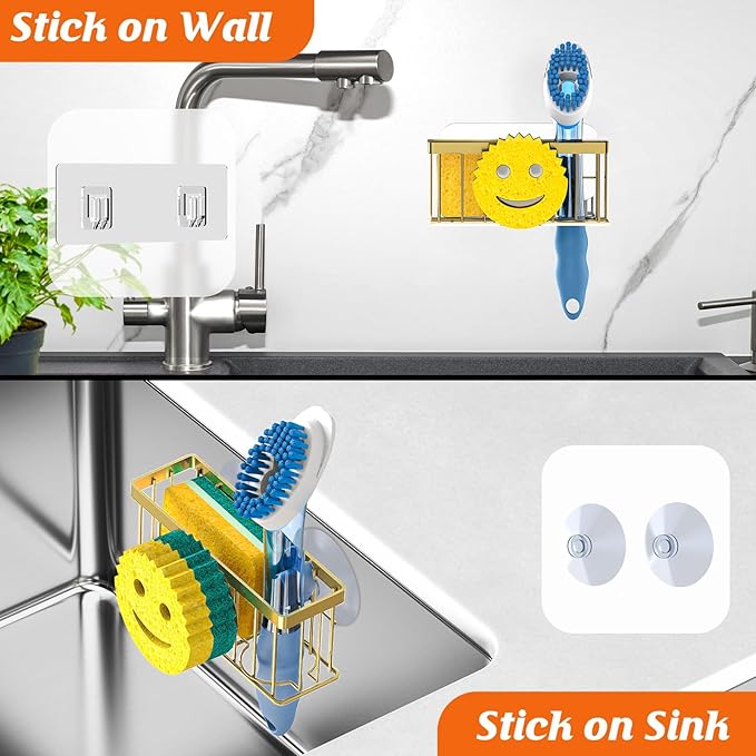MURLONG Sponge Holder Smiley Face, Sink Caddy for kitchen Sink, Kitchen Organizer Sponge Holder with 2 PCS Suction Cups/1 PCS Adhesive Strips, Designed for Sponge, Soap, Dish brush, Scrubber-Gold - Image 7