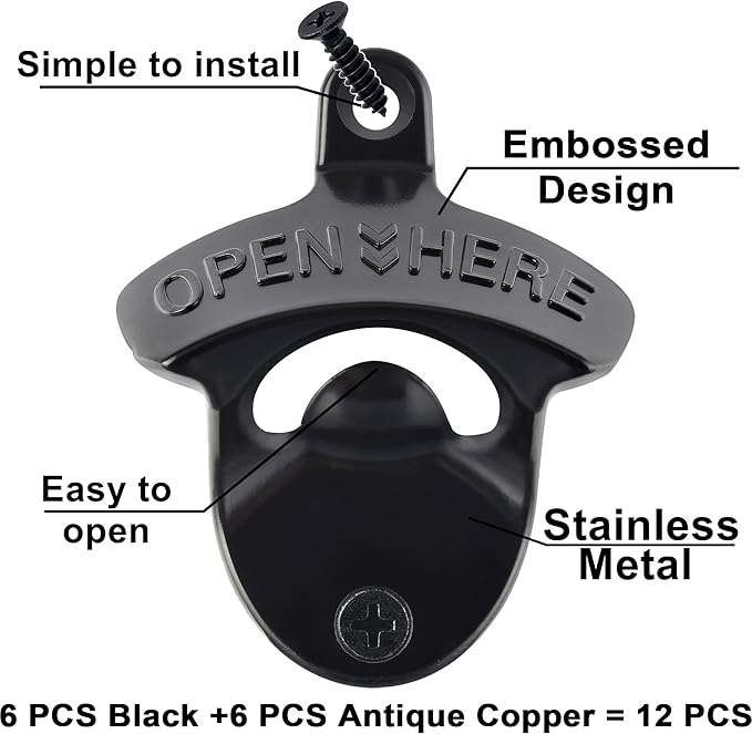 12 Packs Antique Copper Wall Mount Bottle Opener Bulk, Old Fashioned Beer Top Opener Mountable, Rustproof Screw in Wall Soda Bottle Cap Opener Black for Wood Board Caddy