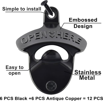 12 Packs Antique Copper Wall Mount Bottle Opener Bulk, Old Fashioned Beer Top Opener Mountable, Rustproof Screw in Wall Soda Bottle Cap Opener Black for Wood Board Caddy