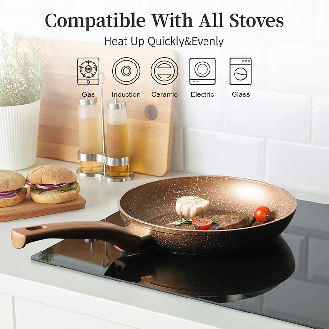 Innwewell Non Stick Frying Pan - Granite Stone Non Stick Skillet Frying Pans, Safe&No Toxic Egg Omelette Frying Pan, Small Nonstick Cookware Cooking Pan, Induction Compatible, PFOA Free(8inch, Gold) - Image 5